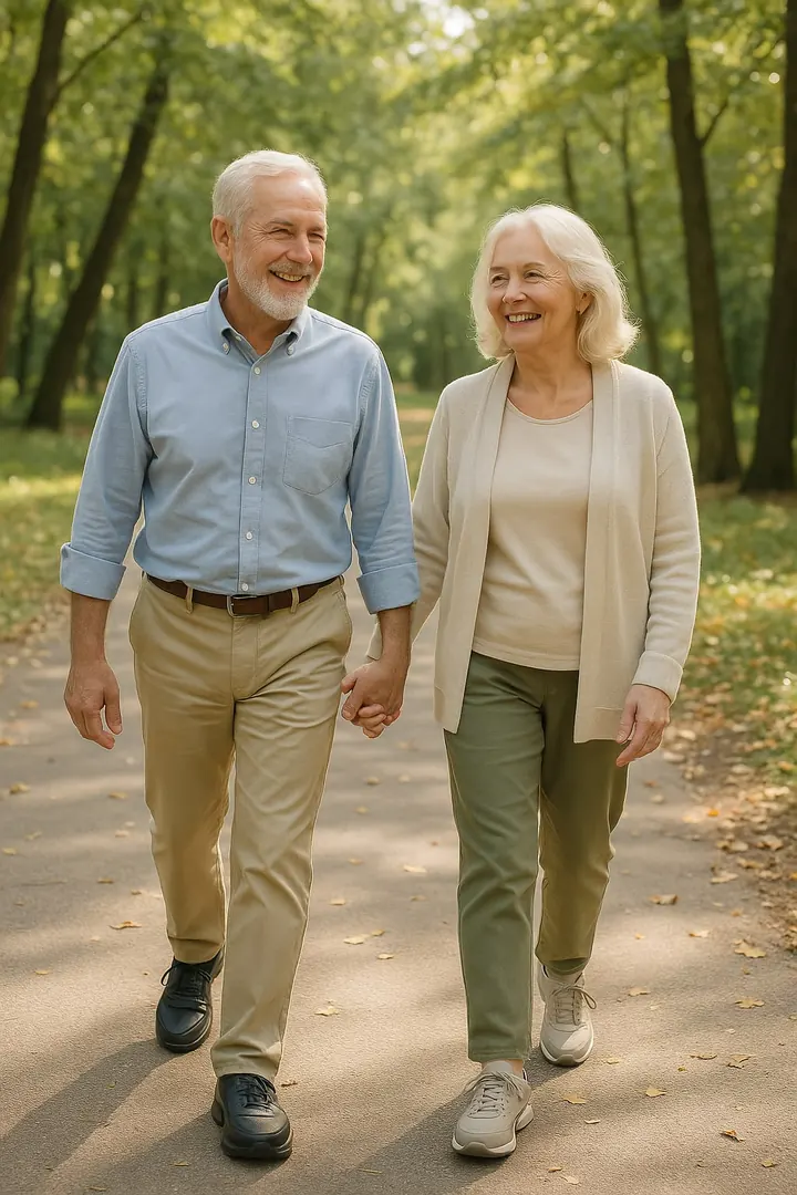 Happy older couple walking hand in hand along a sunny park path